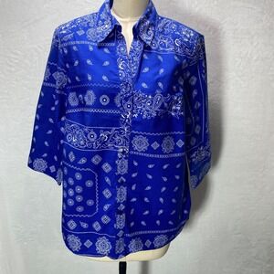 ALLISON DALEY Blue Bandana 12 Paisley Print Button Down Shirt 3/4 Sleeve Women